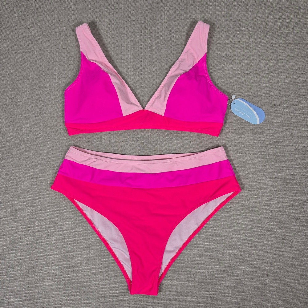 Hilinker Womens Pink Colorblock V-Neck High Waisted Bikini Two Piece Swimsuit XL